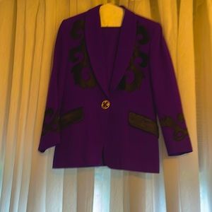 Suit purple with black satin design and crystals on one button closure.